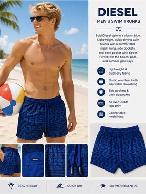 Diesel Men’s Blue Logo-Print Swim Trunks